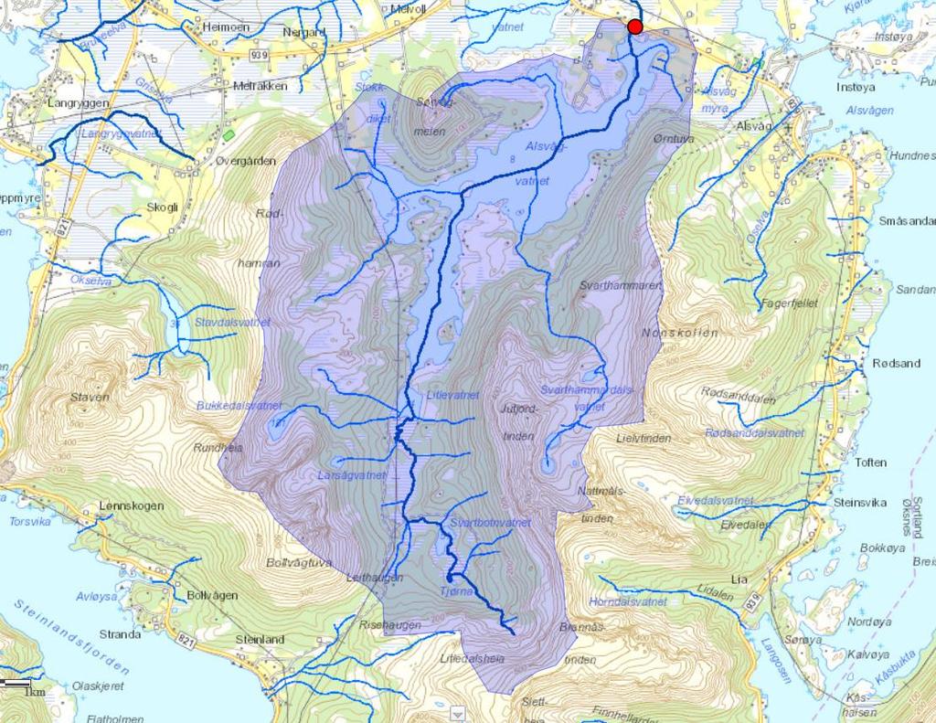 Alsvågvannet Nedslagsfeltets areal: A = 20.13 km² Sjø: 12.