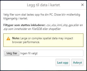 2 Laste opp eksterne data Med denne funksjonaliteten kan du importere fil fra ulike formater og få vist som et grafikklag i NiN-web. Filene må være i UTM-sone 33 for å havne på riktig sted i kartet.