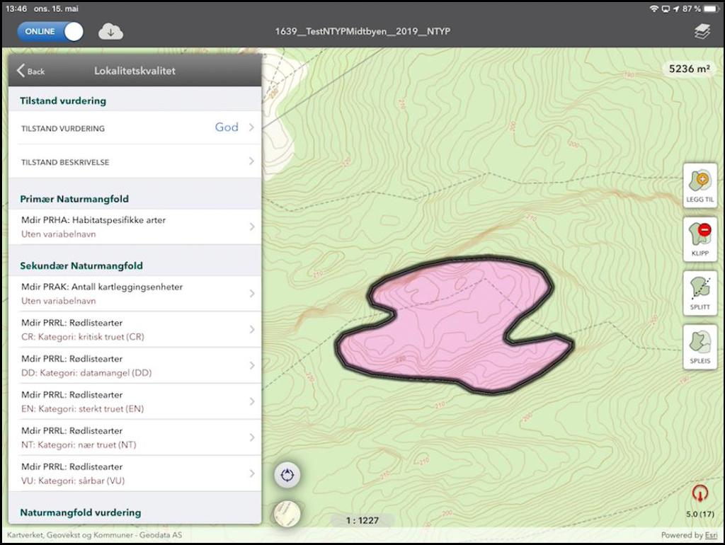 Når variabler for Naturmangfold er fylt ut, kan du sette verdi i feltet "Naturmangfold vurdering".