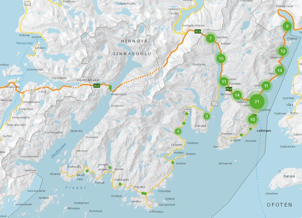 5.1 Analyse av ulykkene Bildet over viser oversikt over hvor registrerte trafikkulykker har skjedd. Hentet fra Statens Vegvesen - Vegkart.