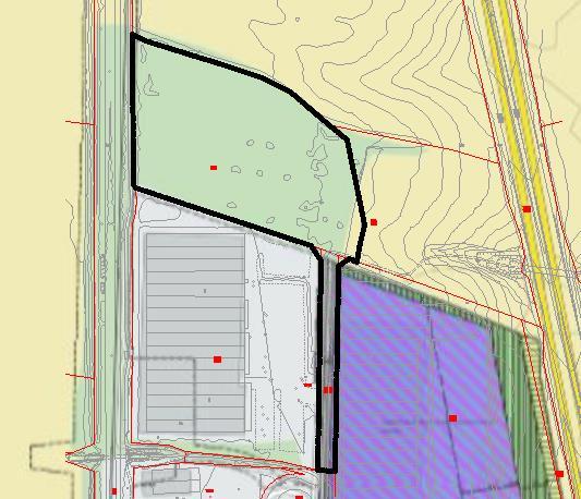 Figur 4: Utsnitt av gjeldende reguleringsplan i sørøst og plangrensen for dette planarbeidet.