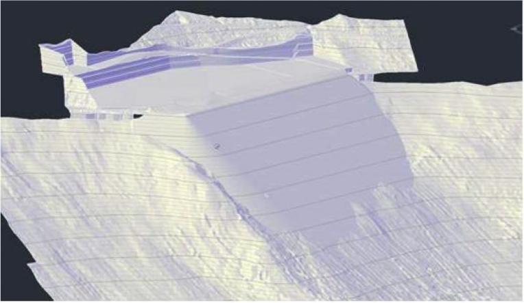 Figur 3-10 - 3D-modell av fylling, utsprengt areal og sjøbunn. (Kilde: Multiconsult notat 617153