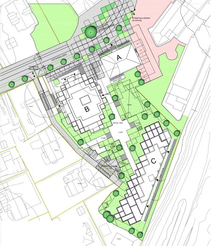 Gotaasalléen Trafikkanalyse Side 17 Illustrasjonsplanen viser to leilighetsbygg, med tilhørende parkeringskjeller og park. Byggene består av til sammen 1ca.