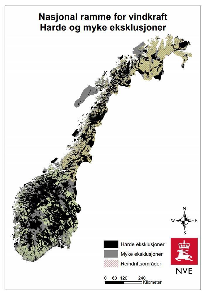 Utgangspunktet: Hele Norge Fjerne alle områder som uansett er uaktuelle Analysere resterende områder Harde eksklusjoner "Uaktuelle for vindkraftutbygging" Tettsteder, isbreer, innsjøer, verneområder,