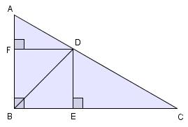 Oppgave 6 ABC er rettvinklet. BD halverer B. DE står normalt på BC og DF står normalt på AB. Se figuren nedenfor. a) Forklar at BEDF er et kvadrat. Vi vet at tre av vinklene i firkanten er rette.