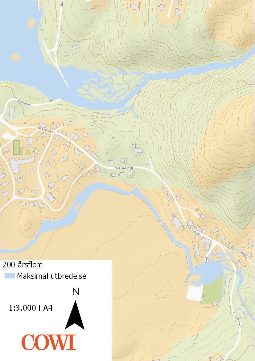 Et eksempel sees under i Figur 12. Figur 12: 200-års flomsone rundt Gruvebyen. 4.