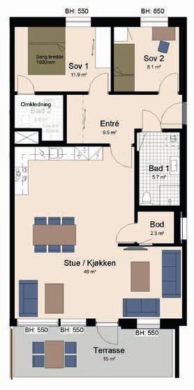 roms, 92 m 2 BRA 4 Gjennomgående 4-roms leilighet Sydvendt terrasse på 15 m2 Vinkelkjøkken med integrerte hvitevarer og stekeovn i høyskap Ekstra bad på tilvalg