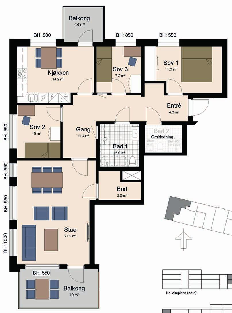 4 roms, 104 m 2 BRA Gjennomgående 4-roms endeleilighet, Sydvendt balkong 10 m2, nordvendt balkong 4,6 m2 separat kjøkken Downlights på bad, mulighet for badekar Alternativt 3-roms