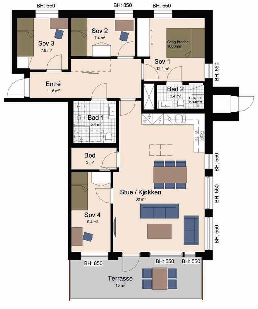 roms, 105 m 2 BRA 5 5- eller 4-roms endeleilighet - valget er ditt Sydvendt terrasse på 15 m2 Lys, romslig stue og vinkelkjøkken Integrerte hvitevarer, stekeovn i høyskap To bad,