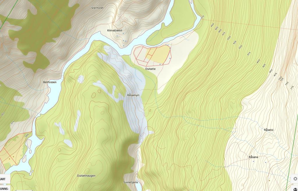 Kartet nedanfor syner området søkjarane ynskjer å få sett av til ei framtidig stølstrå, Råsamyri Kålastein Dulsete.