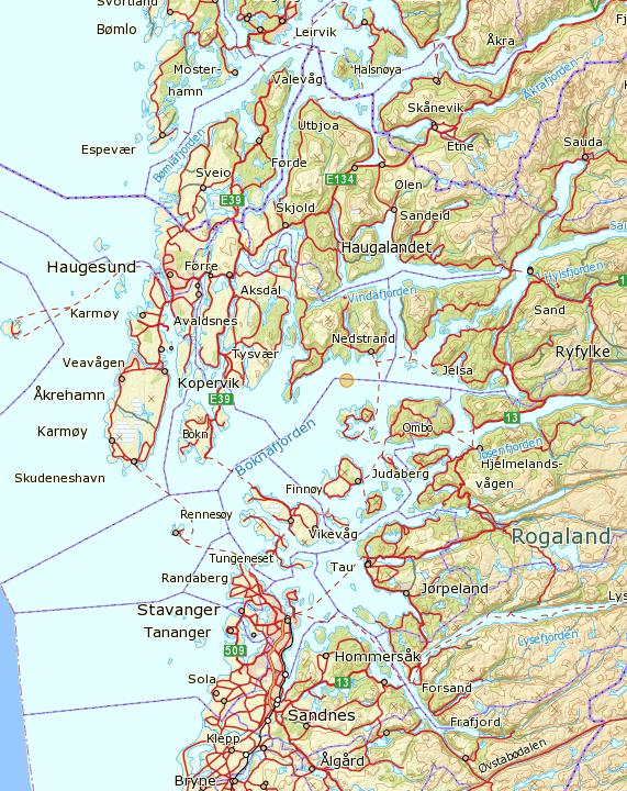 Figur 2.1: Oversiktskart over Boknafjorden og Nedstrandfjorden. Firkant viser kartutsnittet for undersøkelsesområdet ved Dyrholmen.