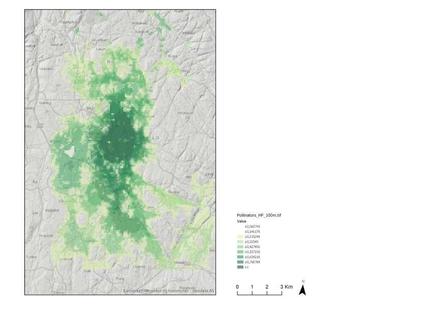 Grønn infrastruktur Habitatkvalitet og viktige økologiske sammenhenger (korridorer, og forflytningsområder) for humler i Ski kommune Heldekkende kart, viser sannsynlighet for viktig område 0-1 i hver