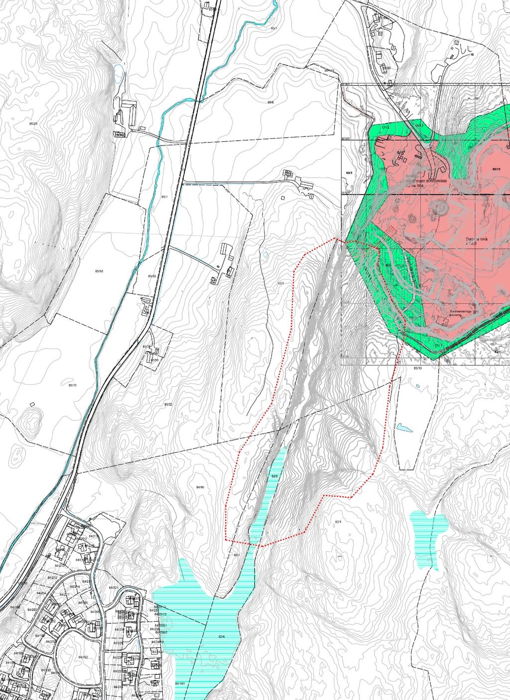 Figur 1: Antatt plangrense (rød stiplet strek) for massedeponi ved Råde Pukkverk Planen navnes: Detaljregulering for G/bnr.