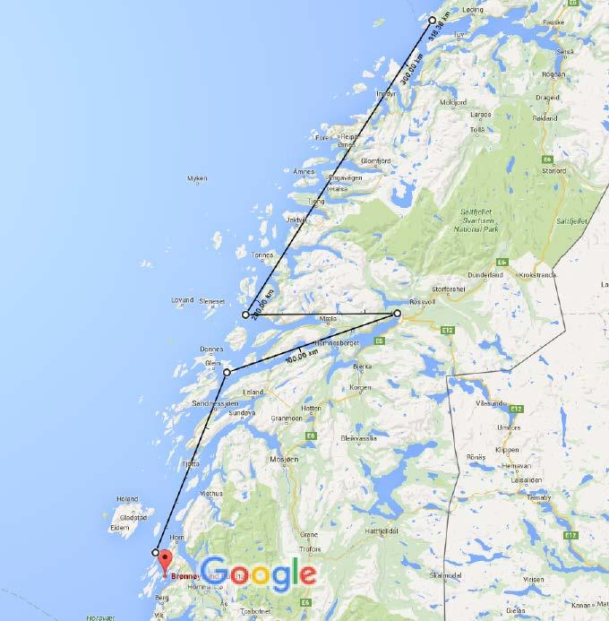 Rekkevidde Brønnøysund Mo i Rana Bodø: 325 km