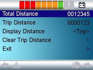 Innstilling for visning av kjørelengde Total Distance viser antal km stolen har kjørt med nåværende elektronikk. Trip Distance viser hvor langt stolen har kjørt siden seneste nullstilling av måleren.