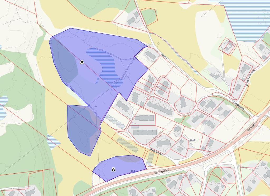 Gjeldende arealformål: Område A er regulert til LNF i kommuneplanenes arealplan.
