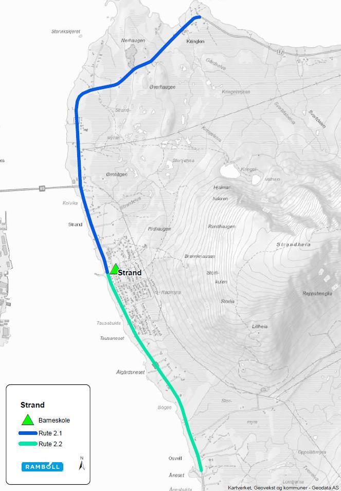 4.2 Strand skole Dagens ruter for Strand skole er vist i Figur 3. Avstander og reisetid er vist i Tabell 3. Figur 3 Strand rutekart Rutenr.