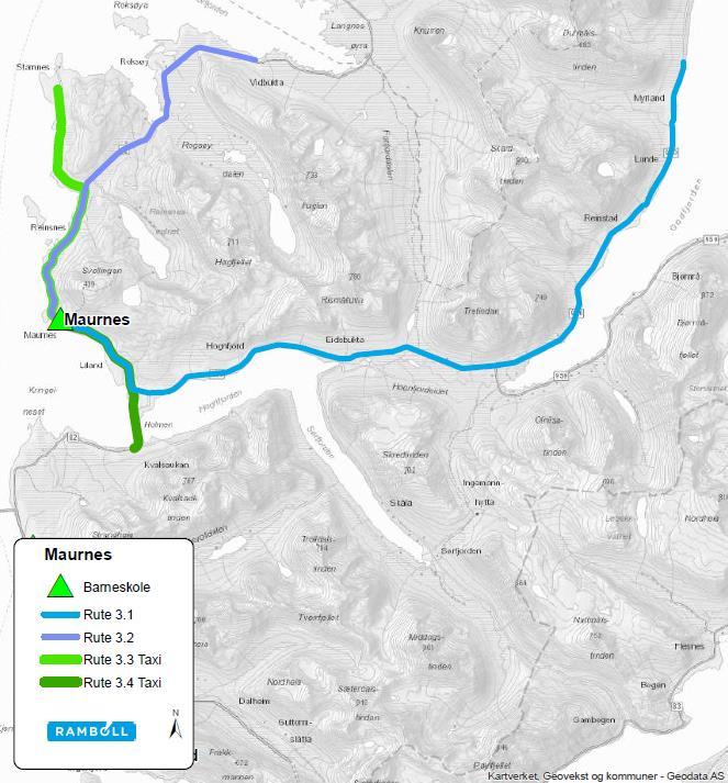 4.3 Maurnes skole Rutene for Maurnes skole er vist i Figur 4. Figur 4 Maurnes rutekart Rutenr. Fra Rutelengde Avstand arealtyngdepkt.-skole 3.1 Godfjord 34,5 km 17,3 km 28 min 3.