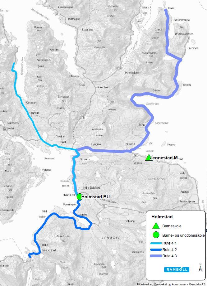 4.4 Holmstad barne- og ungdomsskole Ruter til Holmstad barne- og ungdomsskole er vist i Figur 5. Avstand og reisetid er vist i Tabell 5. Figur 5 Holmstad rutekart Rutenr.