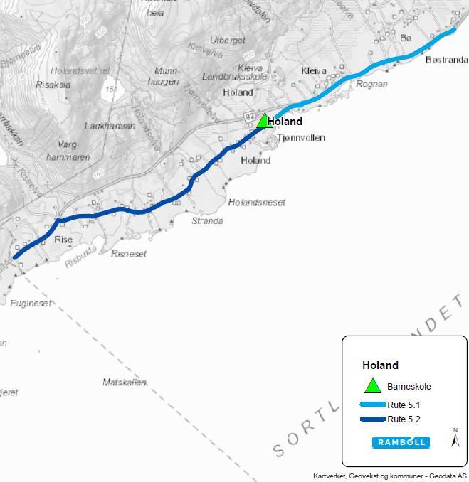 4.5 Holand skole Rutene som betjener Holand skole er vist i Figur 6. Avstander og reisetid er vist i Tabell 6. Figur 6 Holand rutekart Rutenr.