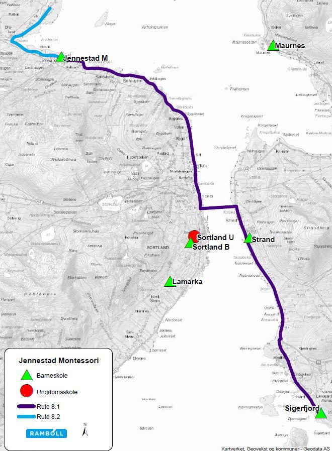 4.8 Jennestad Montessori Jennestad Montessori er en privat barneskole (1. 7. klasse). Rutene til skolen er vist i Figur 9. Vurdering av ruteendringer for private skoler som følge av evt.