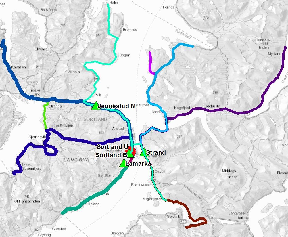 Figur 11 Rutekart Sortland kommune alternativ 3 