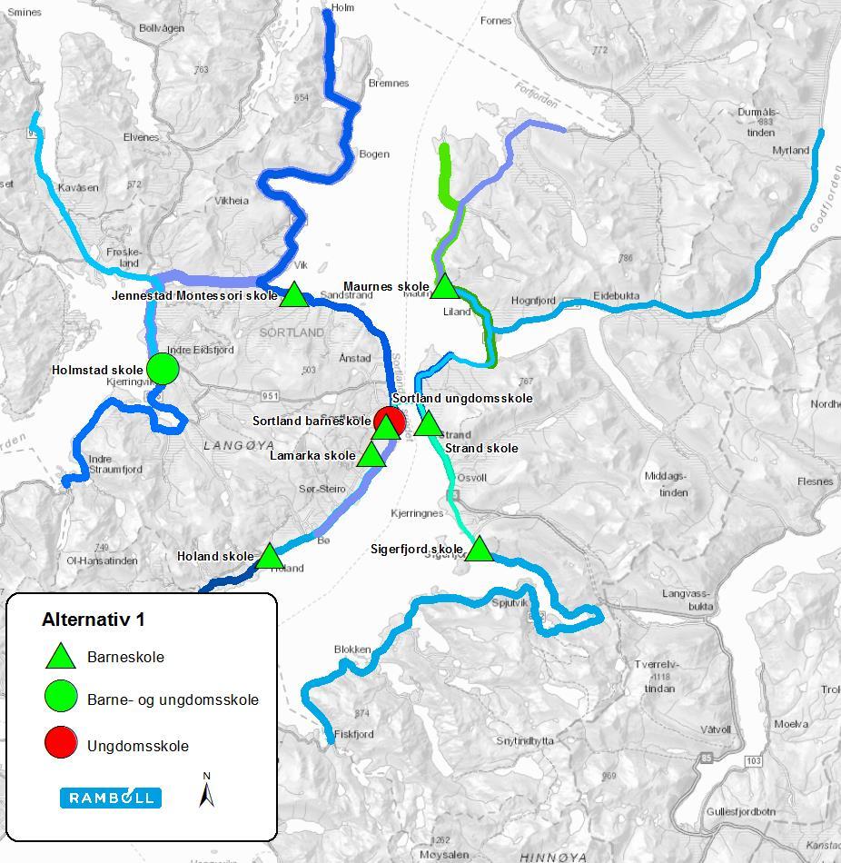 Figur 1 Rutekart Sortland kommune alternativ 1 Oversikt over skoler