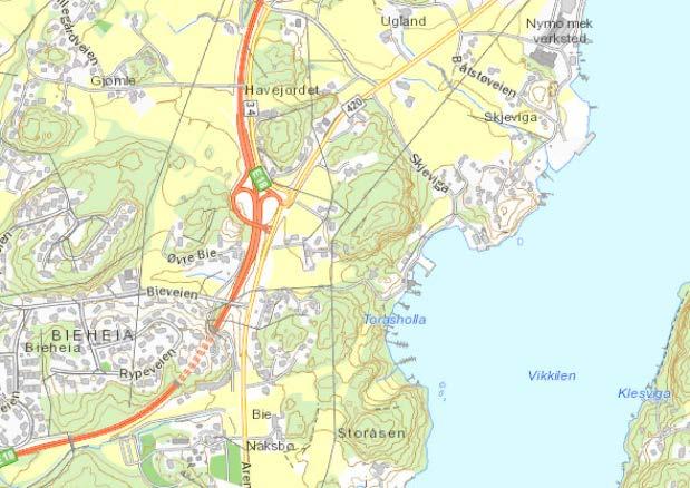 2. Oversiktskart Fig. 1. Oversiktskart, med planområdet grovt markert med rød sirkel. Kart: https://karttjenester.