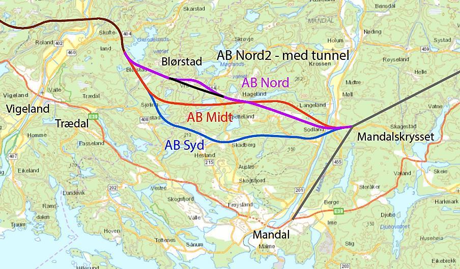 Nye kryss på E39 mellom Mandalskrysset og Herdal. Kryss ved Tredal eller ved Udland, eventuelt begge. Det er valgt å ha en korridor som består av BC CD som basis i alle vurderingene.