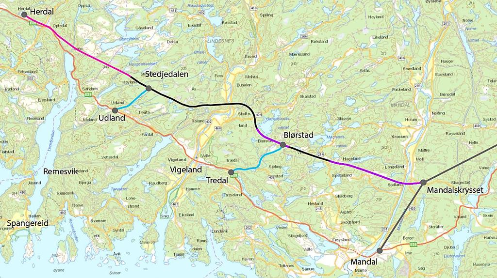 4.5 Kryssløsninger Det er to steder som er vurdert som aktuelle steder for nye kryss mellom Mandalskrysset og Herdal. Dette er Tredal og Udland.