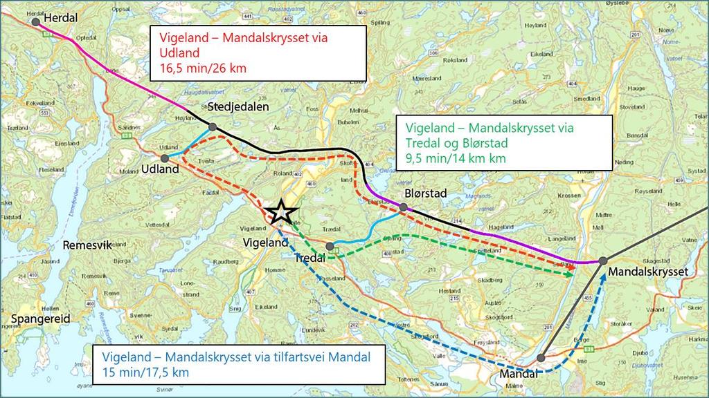Figur 4-13 Reisetider fra Vigeland og østover mot Kristiansand Figur 4-13 viser reisetidene fra Vigeland til Mandalskrysset.