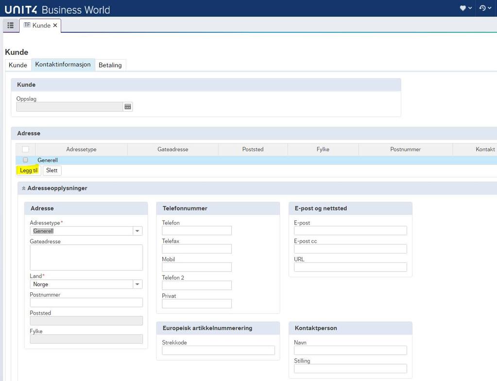 2.2.2 Arkfane Kontaktinformasjon I den andre arkfanen trykker du på Legg til og feltene nedenfor åpner seg. Fyll ut samtlige Adresseopplysninger iht. oppgitt fakturaadresse eller iht.