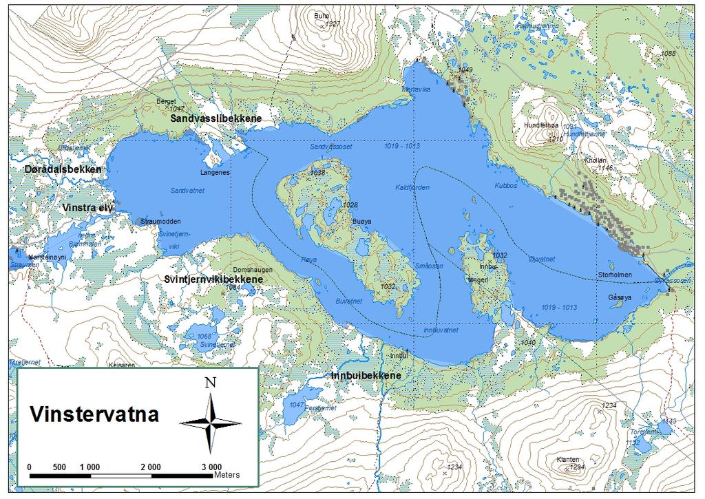 8 VINSTERVATNA Vinstervatna (Innsjønr.: 32712, 1019 moh., 1941 ha) ligger i det 120 km lange Vinstravassdraget i kommunene Nord-Fron, Sør-Fron og Øystre Slidre (fig 23). Figur 23.