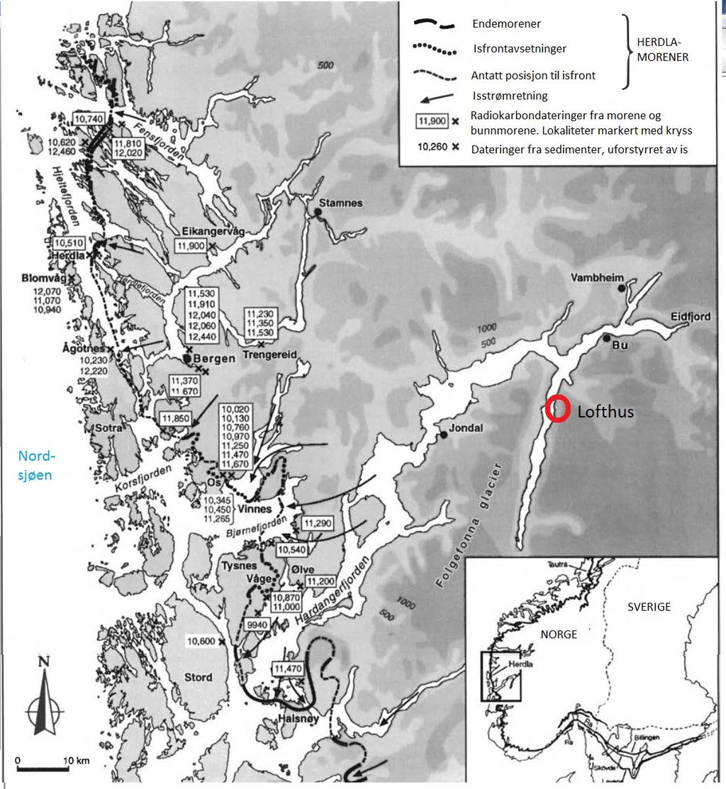 Figur 2.9. Kart over Herdla-Halsnøy-morener fra yngre dryas. Basert på Anundsen (1978), Follestad (1972), Holtedahl (1975), Aarseth og Mangerud (1974) og Andersen et al. (1995).