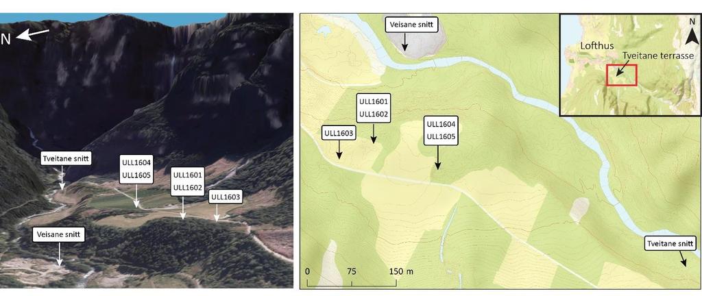Figur 4.10. Oversikt over Tveitane-terrassen der prøvene ULL1601-ULL1605 ble hentet. Tveitane- og Veisane-snitt er også markert.
