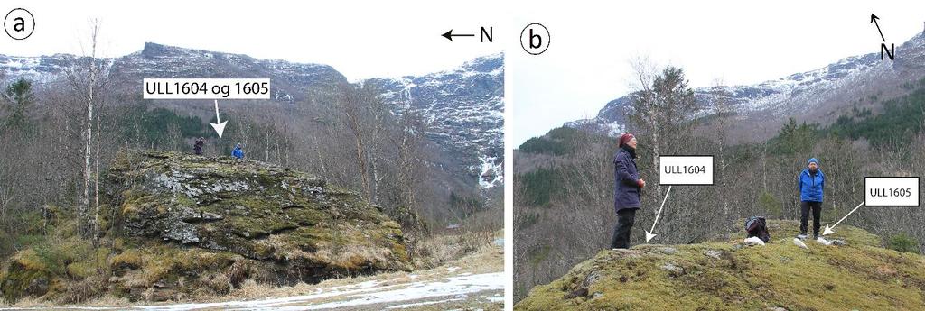 person som målestokk). ULL1604 (153 m o.h., 32V 0371467 Ø, 6688916 N, figur 4.19a-b) En blokk ved grusveien av metaryolitt som måler (4,5 30 18) m med kvartsflater. Blokken ligger ca.