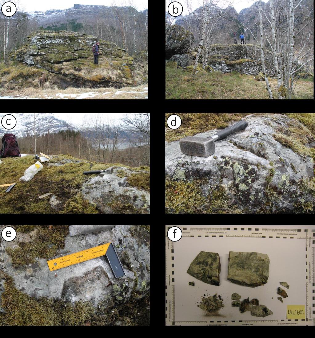 Figur A-5 ULL1605: a) Sett mot nordøst, person som målestokk, b) sett mot sørøst, personer som målestokk, c) utsikt mot vest fra