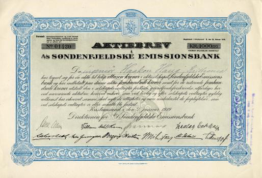 Søndenfjeldske Emissionsbank A/S Kristiansand S Bank Registrert: 26 feb 1918 2 jan 1919 1000 Blå 1919 1000 A-15 55 18-okt-90 0 \ 1433 1000 1430 1919 1000 A-19 70 07-mar-91 0 \ 1429 1000 1485 1919