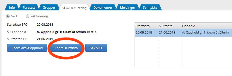 Hvordan si opp SFO-plassen i løpet av skoleåret: Klikk på «SFO»: Klikk på «Endre sluttdato» for å si opp