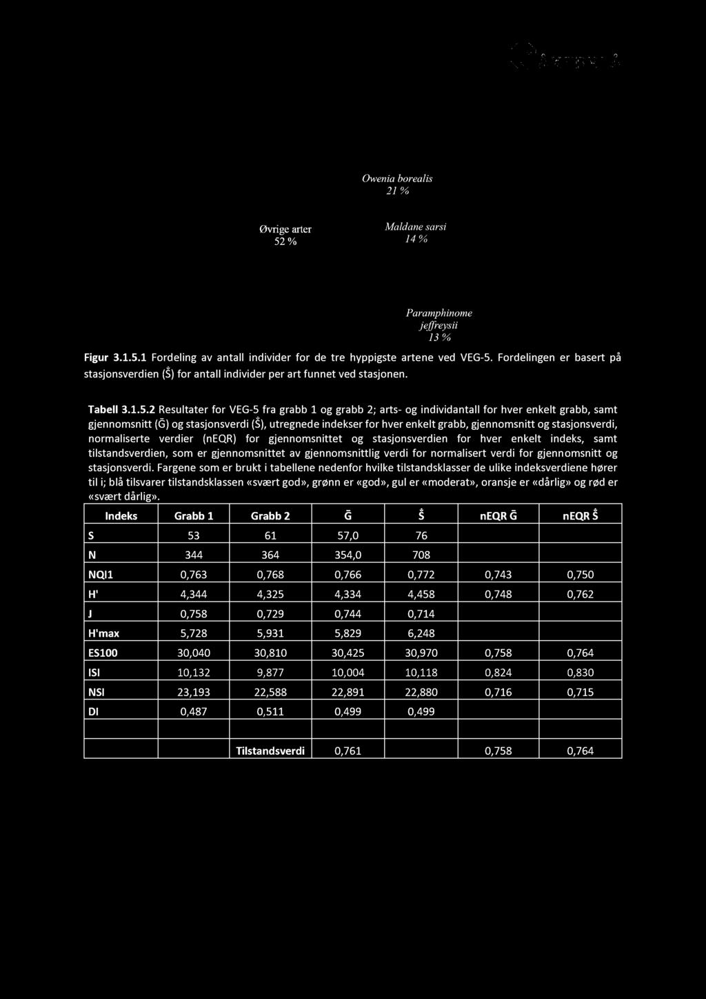 2 Resultater for VEG - 5 fra grabb 1 og grabb 2; arts - og individantall for hver enkelt grabb, samt gjennomsnitt ( ) og stasjonsverdi ( ), utregned e indekser for hver enkelt grabb, gjennomsnitt og