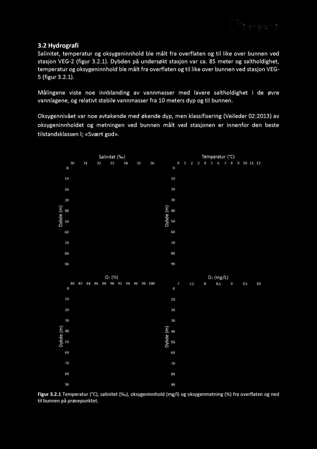 3. 2 Hydrografi Sa linitet, temperatur og oksygeninnhold ble målt fra overflaten og til like over bunnen ved stasjon VEG - 2 ( figur 3. 2.1). Dybden på undersøkt stasjon var ca.