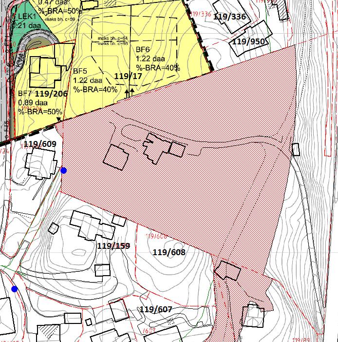 Figur 7. Oversiktsskart som viser eksisterende og regulert nabobebyggelse rundt planområdet (planområdet markert i lys rød skravur).