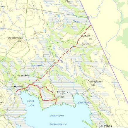 Figur 10. Viser veger og kjørespor hvor det er tillatt med sykling og hundespann på barmark. Heltrukket rødlinje er godt egnet, mens stiplet rød linje er mindre egnet.