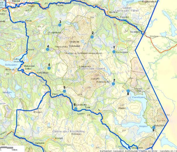 Figur 11. Kart over Saanti Sijte/Essand reinbeitedistrikt. Dagens innfallsporter/startpunkt for turer er markert og nummerert. Kort oppsummering av fokusområder/innfallsporter. 1. Stordalen - Bjørneggen.