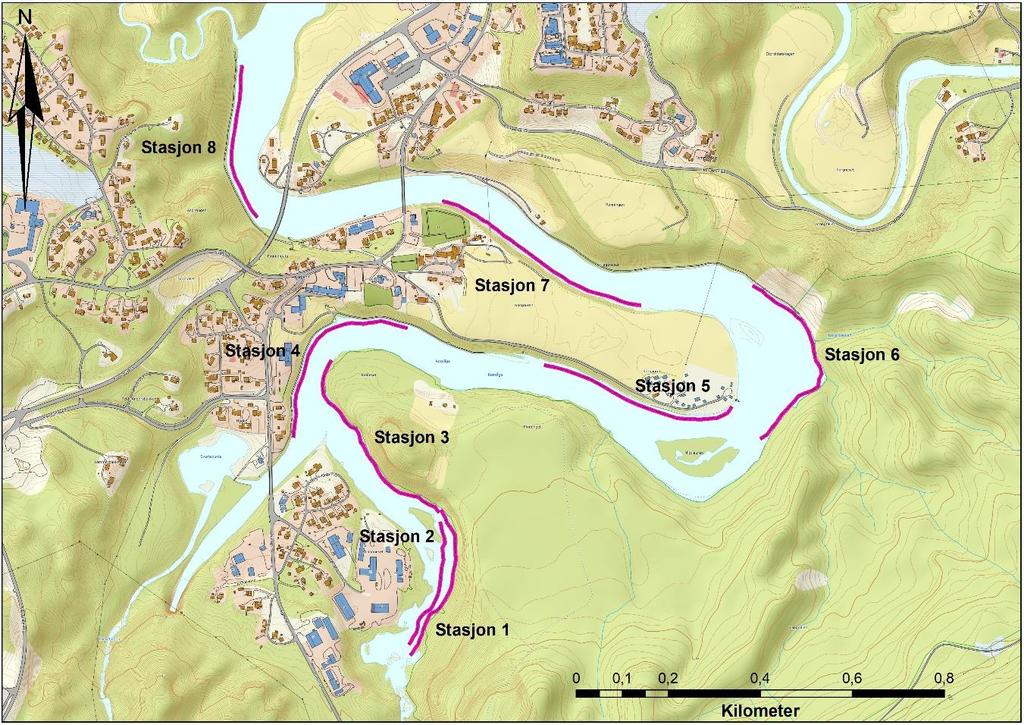 6 Vedlegg 6.1 Vedleggsfigurer Vedleggsfigur 1. Kart med oversikt over de åtte øverste stasjonene i Røssåga som ble undersøkt med elektrisk båtfiske i september 2018.