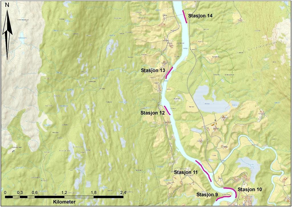 Vedleggsfigur 2. Kart med oversikt over de seks midterste stasjonene i Røssåga som ble undersøkt med elektrisk båtfiske i september 2018.