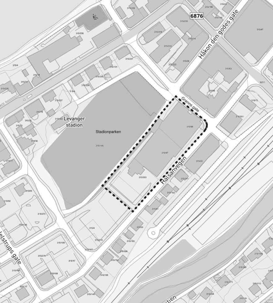 Planområdet Avgrensning Planområdet ligger i Levanger sentrum og er avgrenset av Grønns gate i nord, Halsanvegen i øst og Stadionparken i vest. Planområdet er på ca. 6 800 daa.