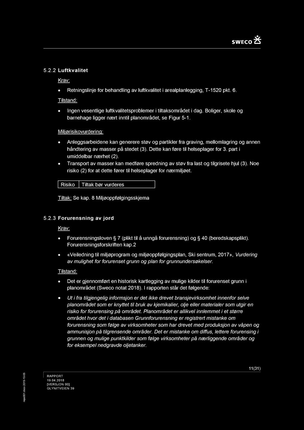 .. Luftkvalitet Krav: Retningslinje fr behandling av luftkvalitet i aallanlegging, T - kt. 6. Tilstand: Ingen vesentlige luftkvalitetsrblemer i tiltaksmrådet i dag.