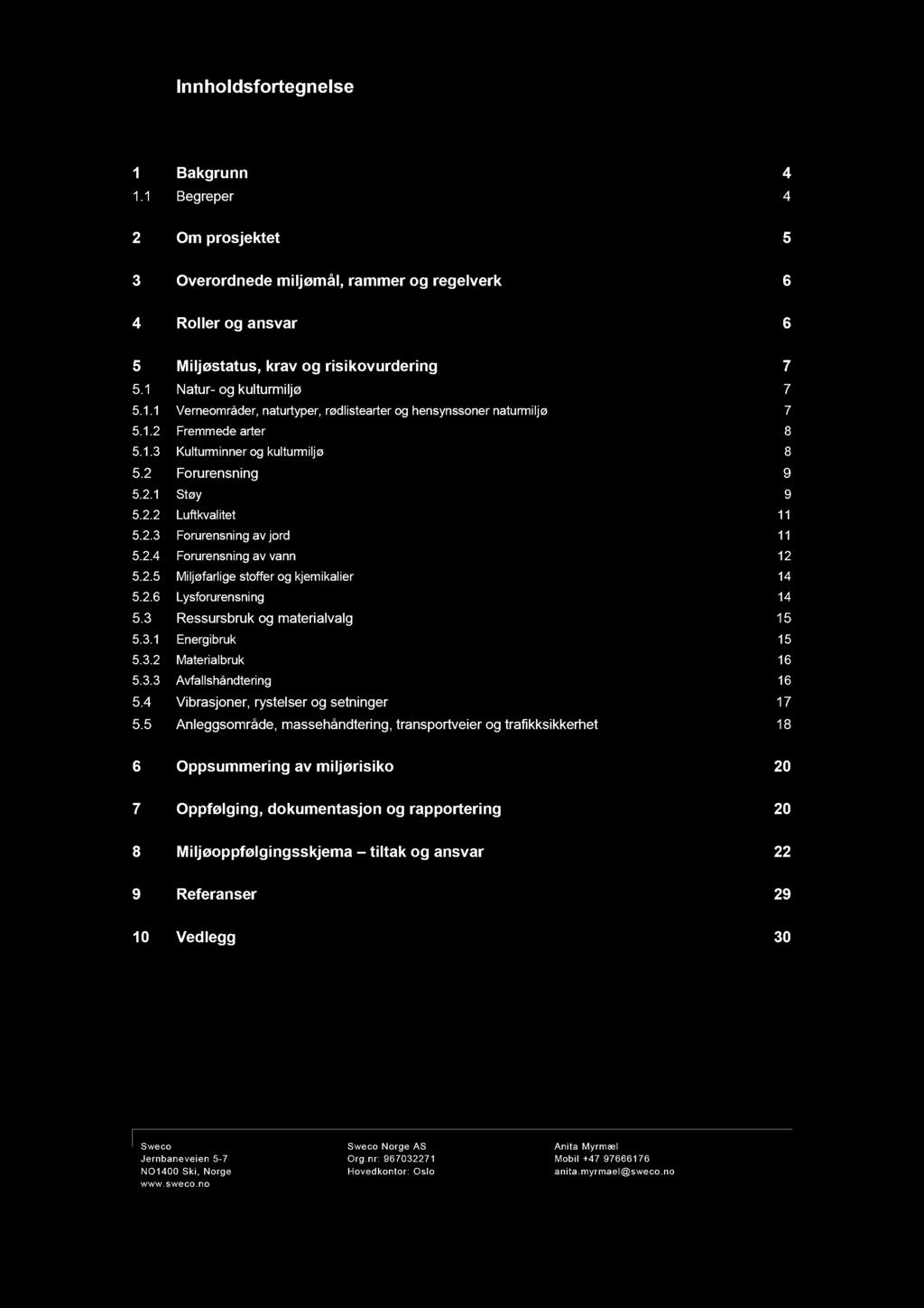 Innhldsfrtegnelse Bakgrunn 4. Beger 4 Om rsjektet 3 Overrdnede miljømål, rammer g gelverk 6 4 Rller g ansvar 6 Miljøstatus, krav g risikvurdering 7. Natur - g kulturmiljø 7.