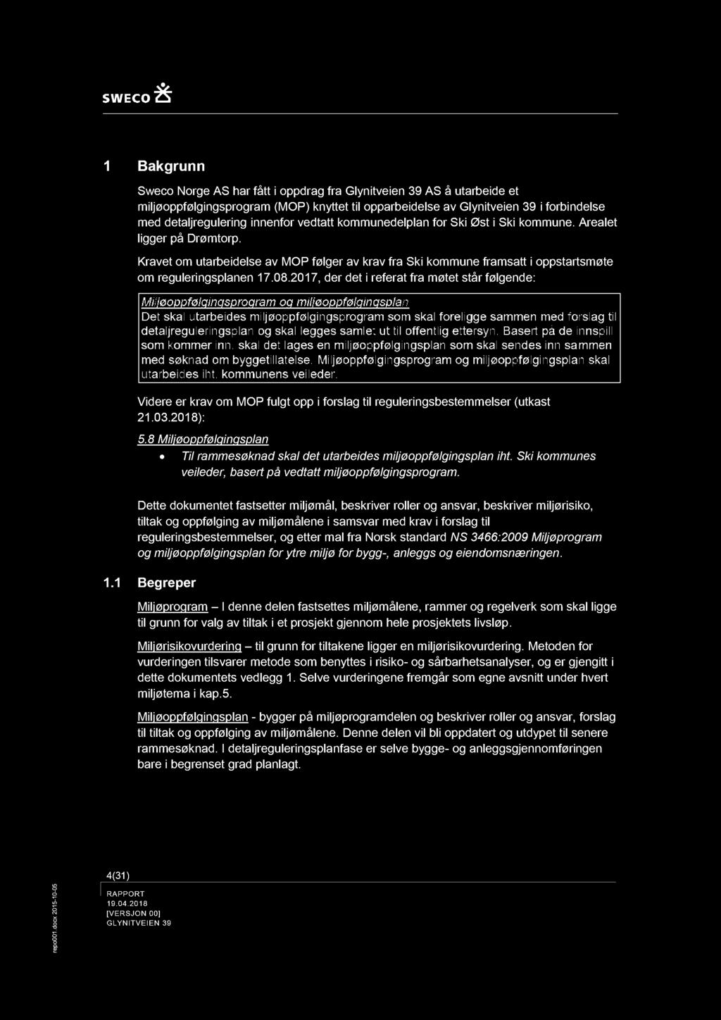 Bakgrunn Swe Nrge AS har fått i drag fra Glynitveien 39 AS å utarbeide et miljøfølgingsrgram (MOP) knyttet til arbeidelse av Glynitveien 39 i frbindelse med detaljgulering innenfr vedtatt